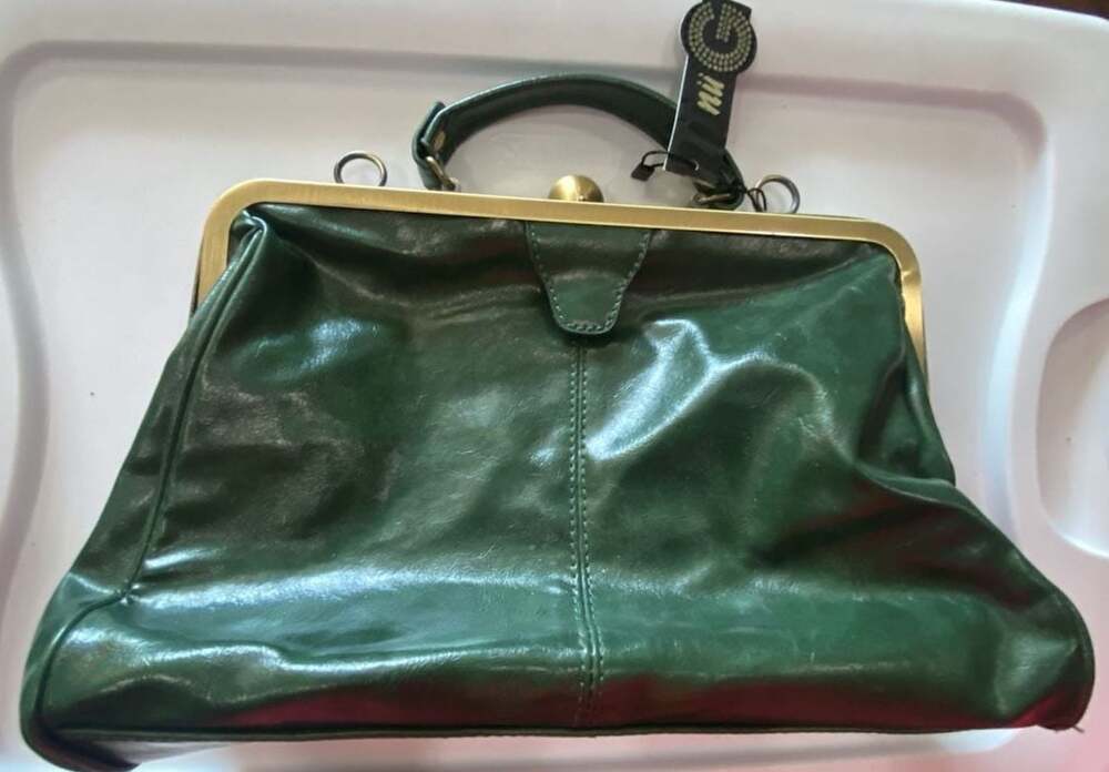 New!!! NüG Forest Green Vegan Leather Kiss Lock Oversized Clutch with Crossbody